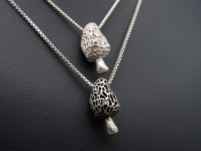 The Forest Keeps Secrets | Morel Mushroom Pendant in Silver or 14k Gold with Diamond